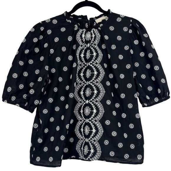 LOFT Tops - LOFT Black‎ Embroidered Puff Sleeve Top Women's Size Large Boho Cottagecore